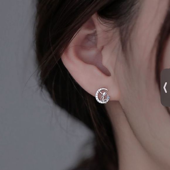 Sterling Silver Cubic Zirconia Moon Earrings - Picture 2 of 3